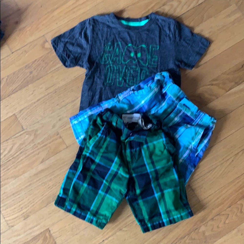 5T Tucker + Tate 2 plaid shorts & 1 Game Over Tee